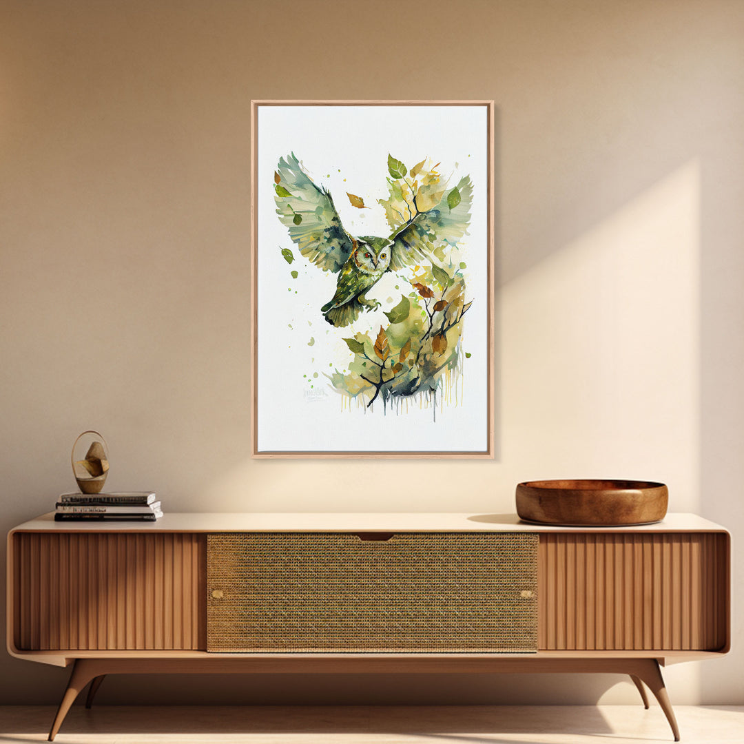 Watercolor of an owl in flight, owl painting print, framed canvas print, cool nature wall art, watercolor