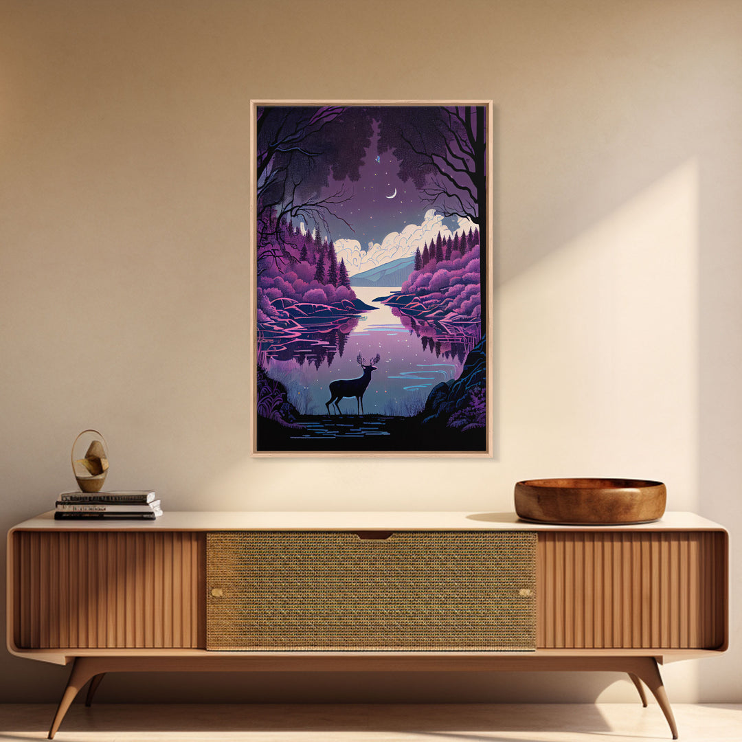 Mystical Deer Purple Forest Lake Wall Art Canvas Print - Serene Nature Scene Vibrant Artwork