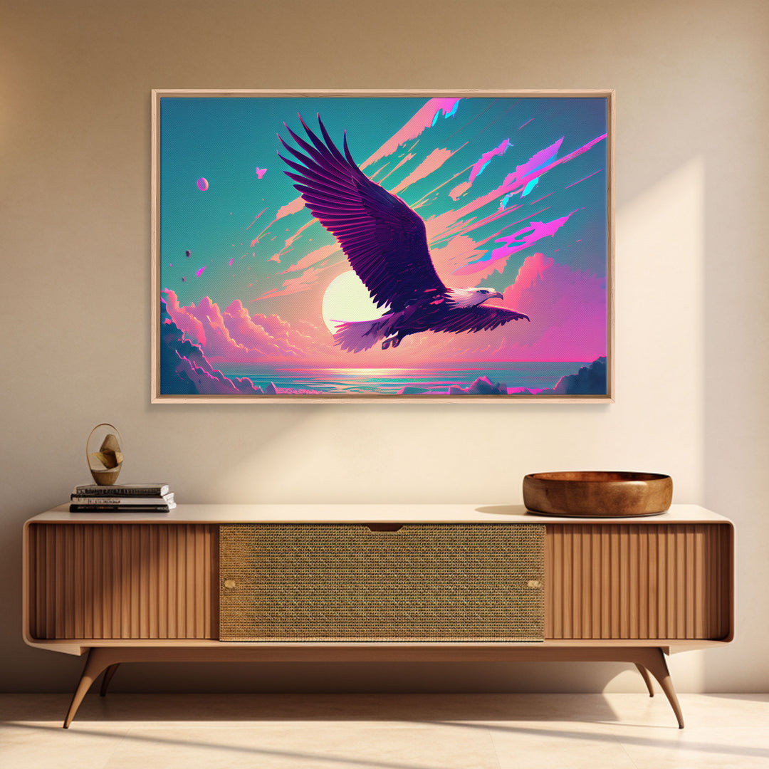 Bald eagle in flight, vaporwave sunset, vaporwave art, framed canvas print, pink and turquoise art