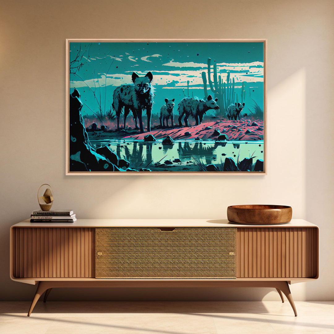 Hyenas at midnight, turquoise vaporwave art, framed canvas print