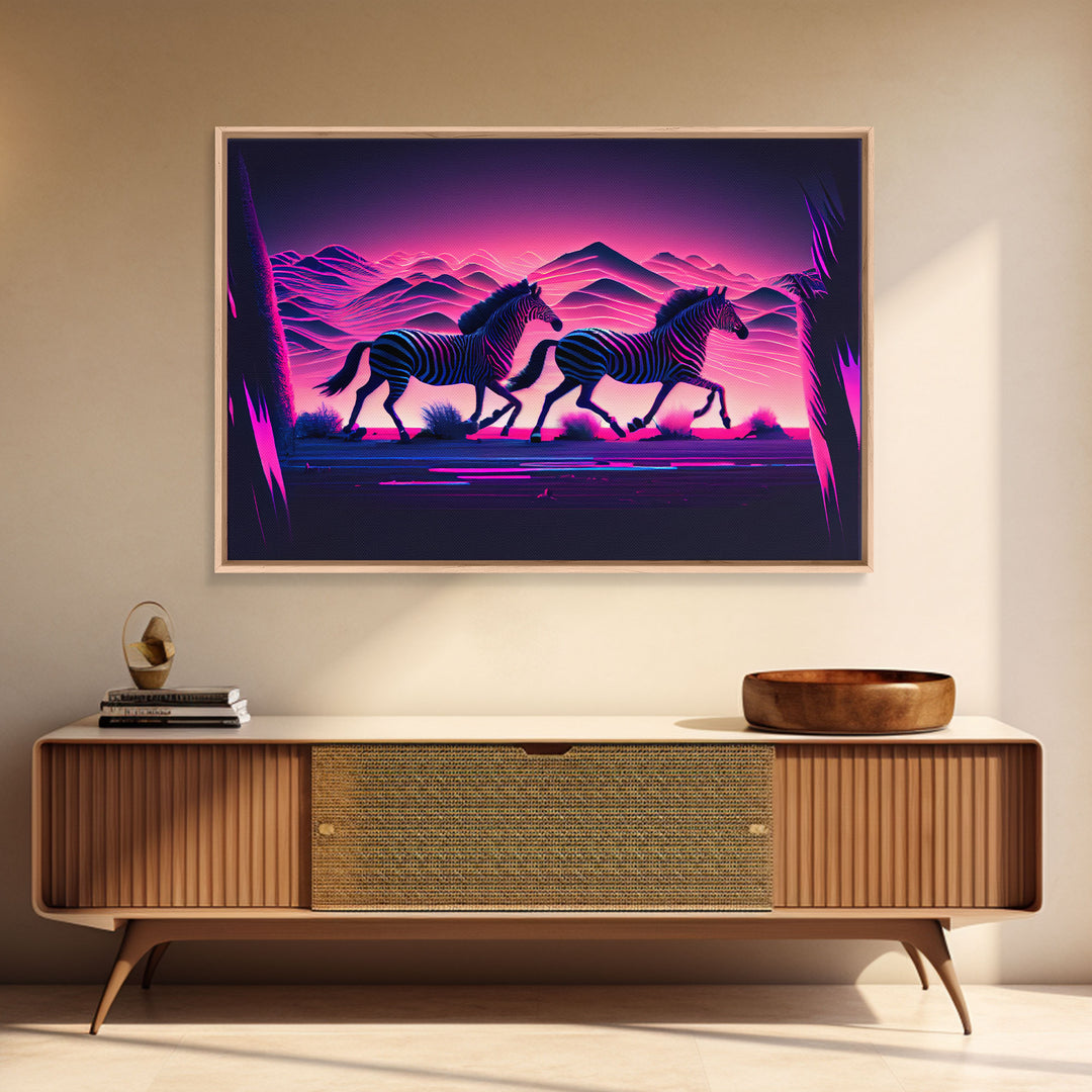 Zebras running through the plains, synthwave art, framed canvas print, framed wall art