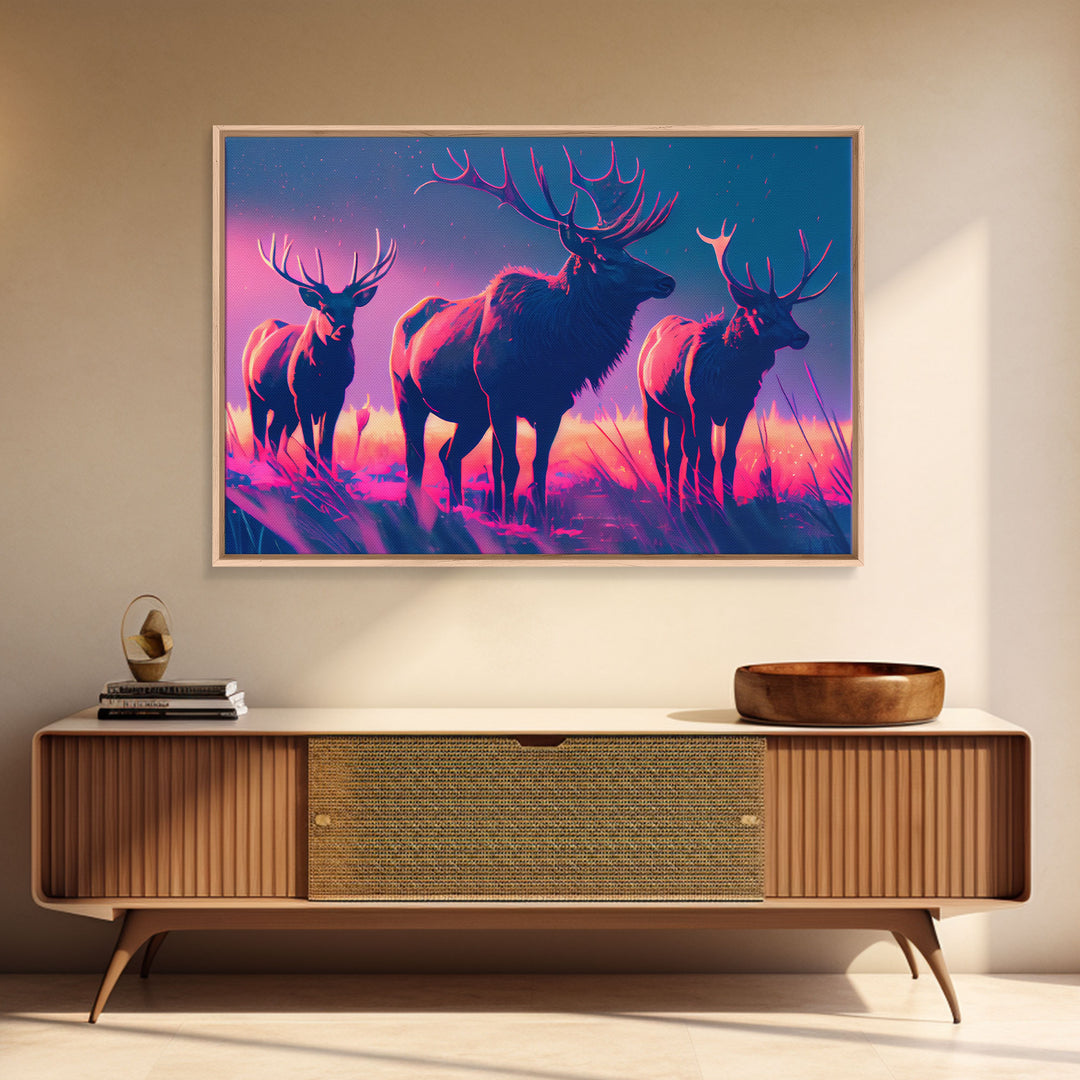 Vaporwave landscape, Elk in the plains at sunset, framed canvas art, canvas print, framed wall art