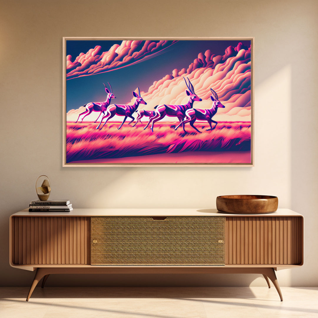 Herd of African Gazelles, vaporwave art, synthwave aesthetic nature print, framed canvas print