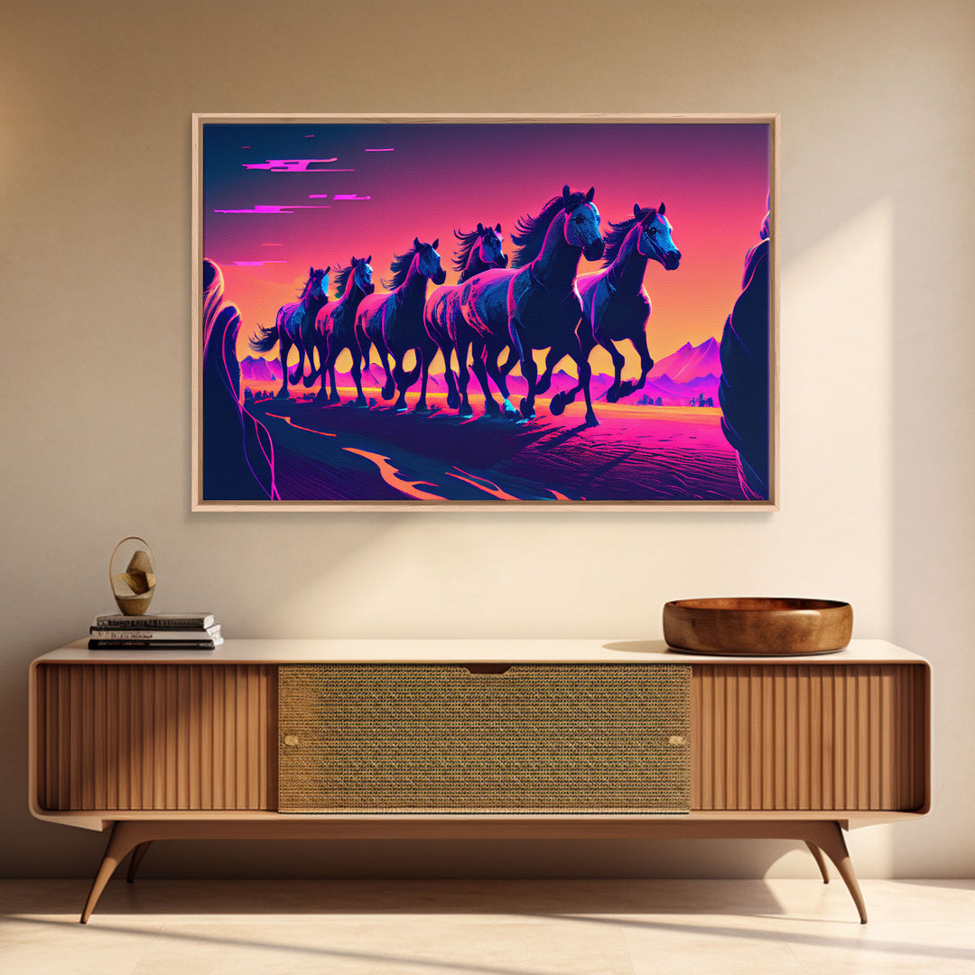 Herd of Wild Horses, American Western decor, framed canvas print, synthwave animal art