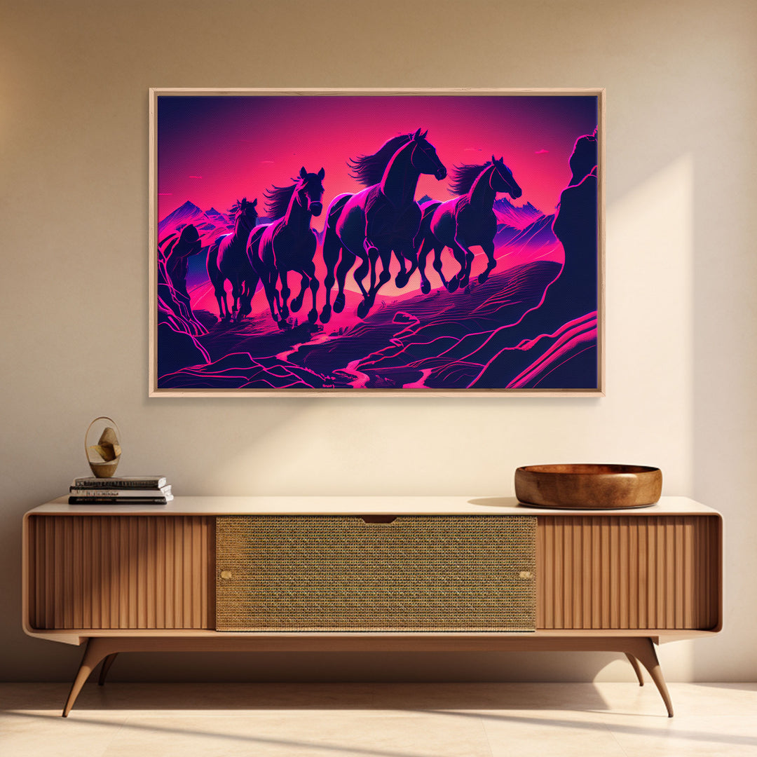 Pack of Wild Horses, American Western decor, framed canvas print, synthwave animal art