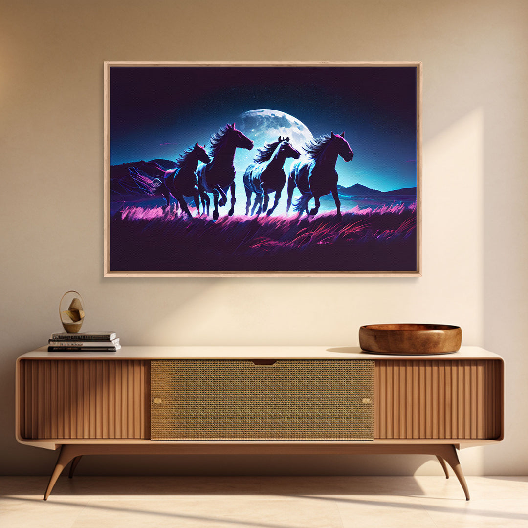 Wild horses running in the moonlight, vaporwave art, framed canvas print