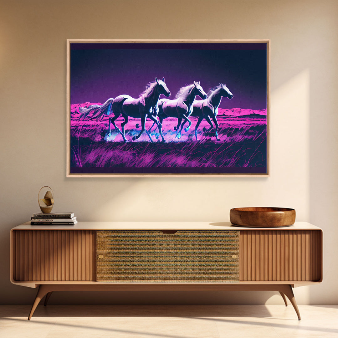 Pastel Wild horses running in the moonlight, vaporwave aesthetic art, framed canvas print