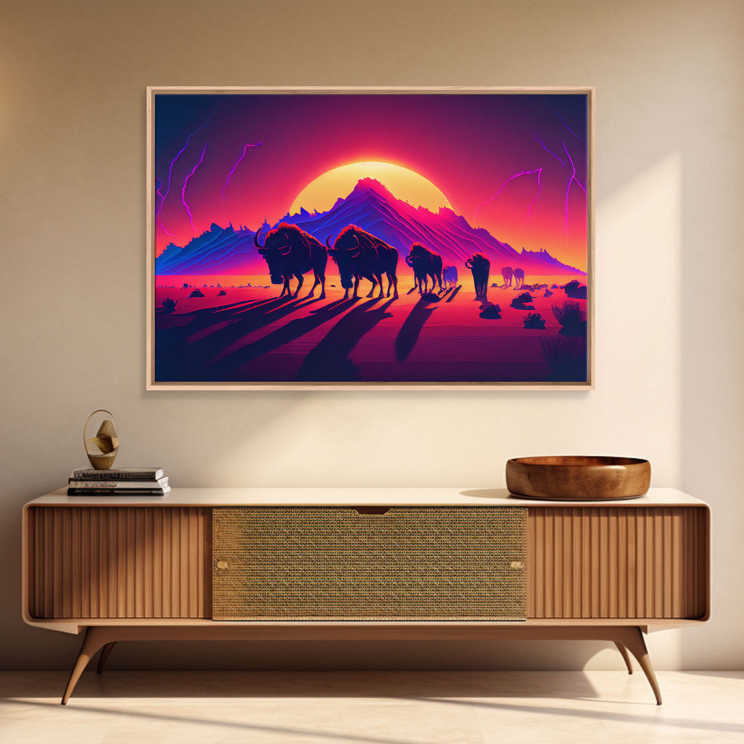 Synthwave American Buffalo, Retrowave art, herd of Bison and a setting sun, framed canvas print