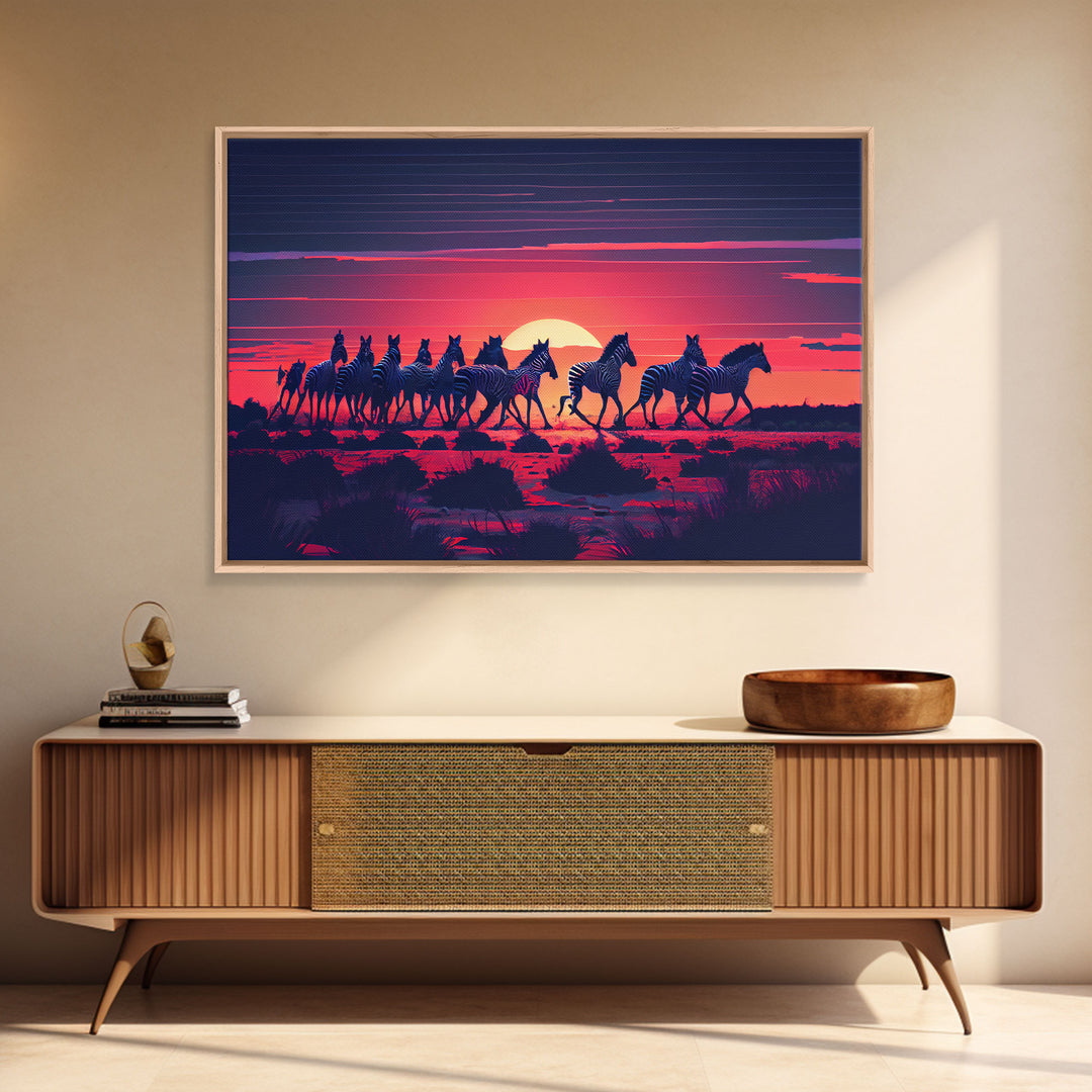 Herd of wild zebra against a beautiful African sunset, framed canvas print