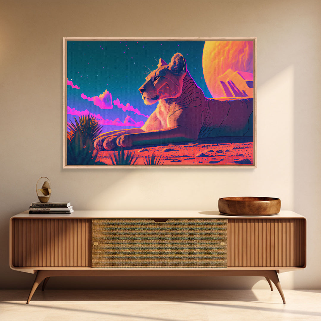 Lioness synthwave art, framed canvas print, beautiful pastel lion art