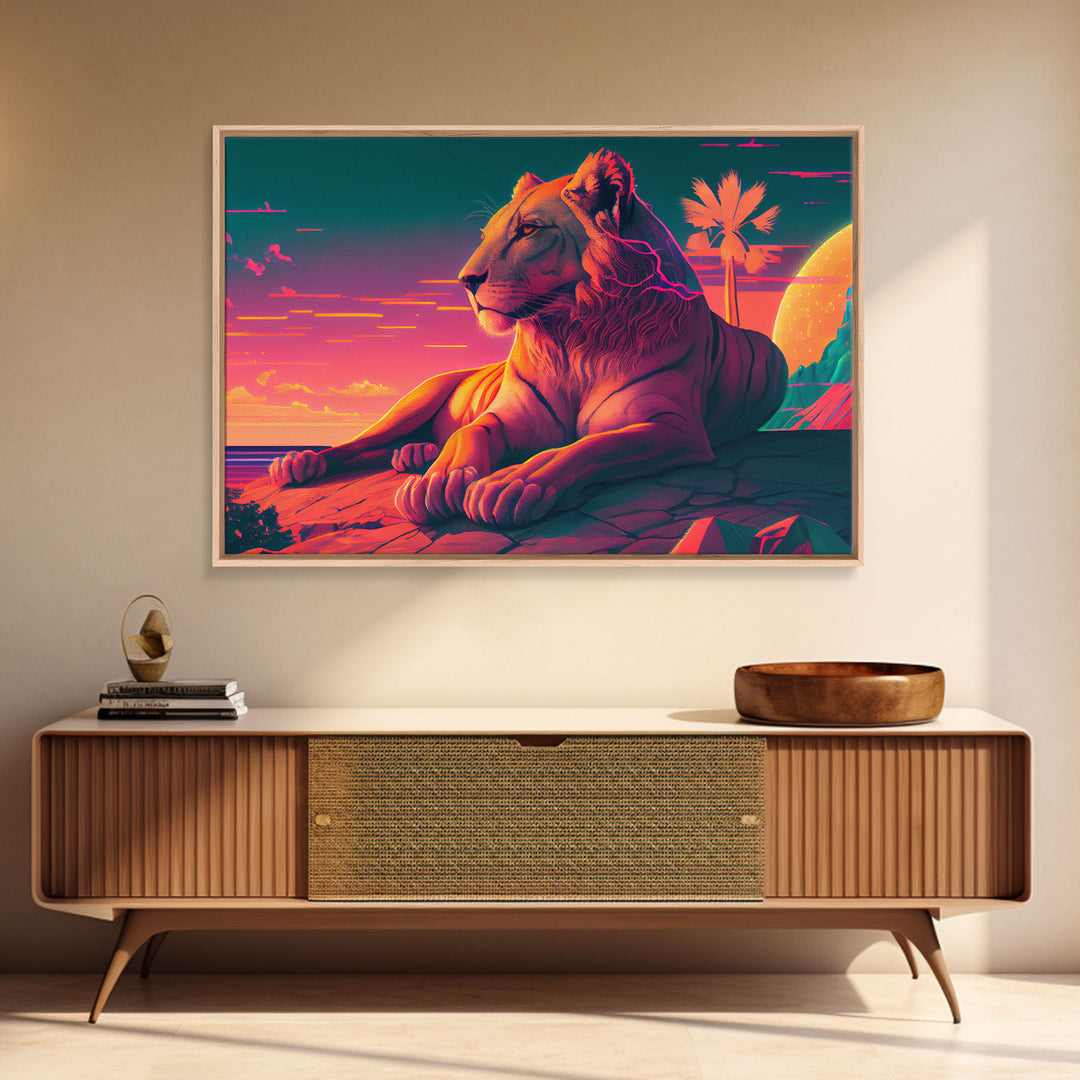 Lion contemplating life on a cliff, vibrant and colorful synthwave retro style art, framed canvas print