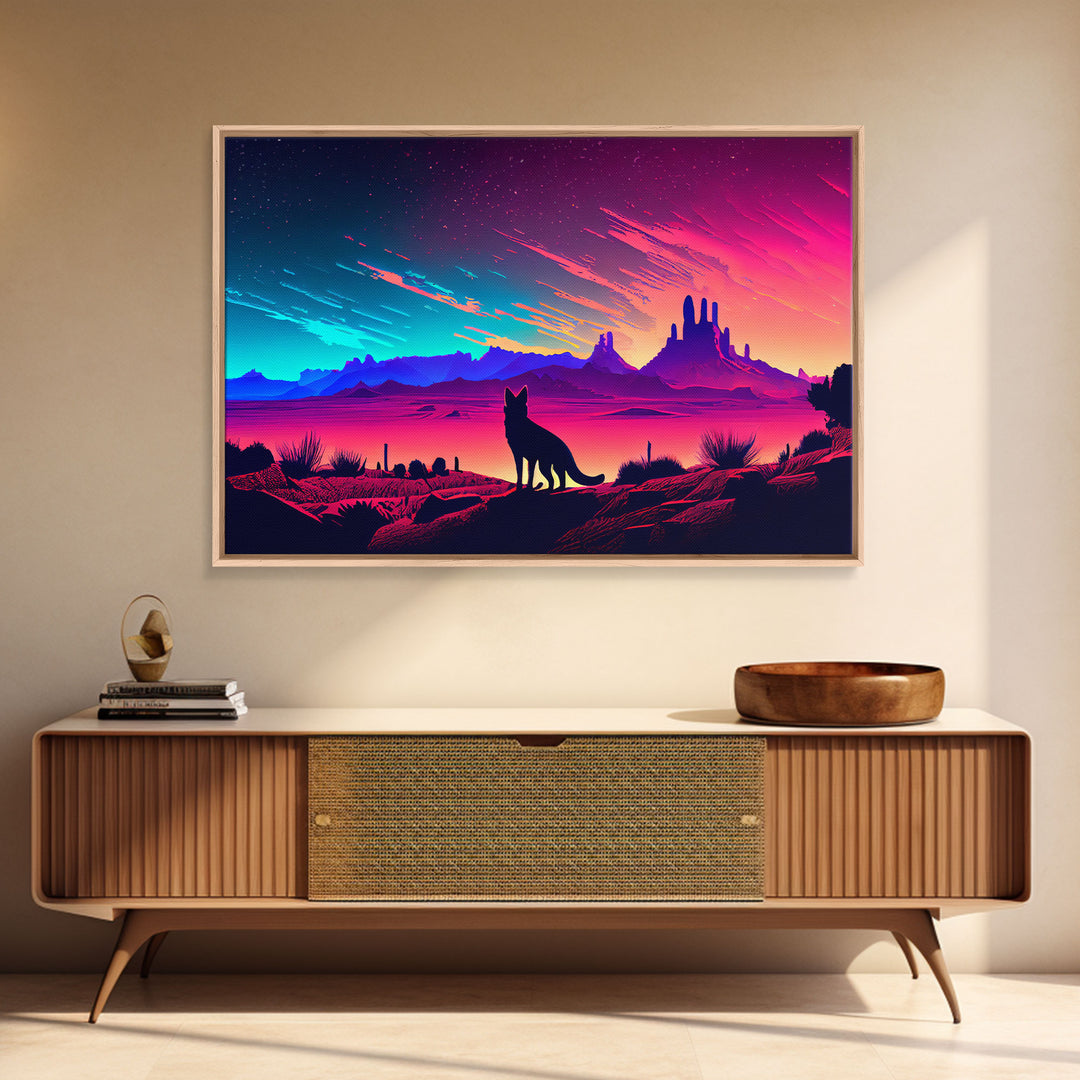 Cute fox in an Arizona desert landscape, framed canvas print, framed wall art, synthwave art