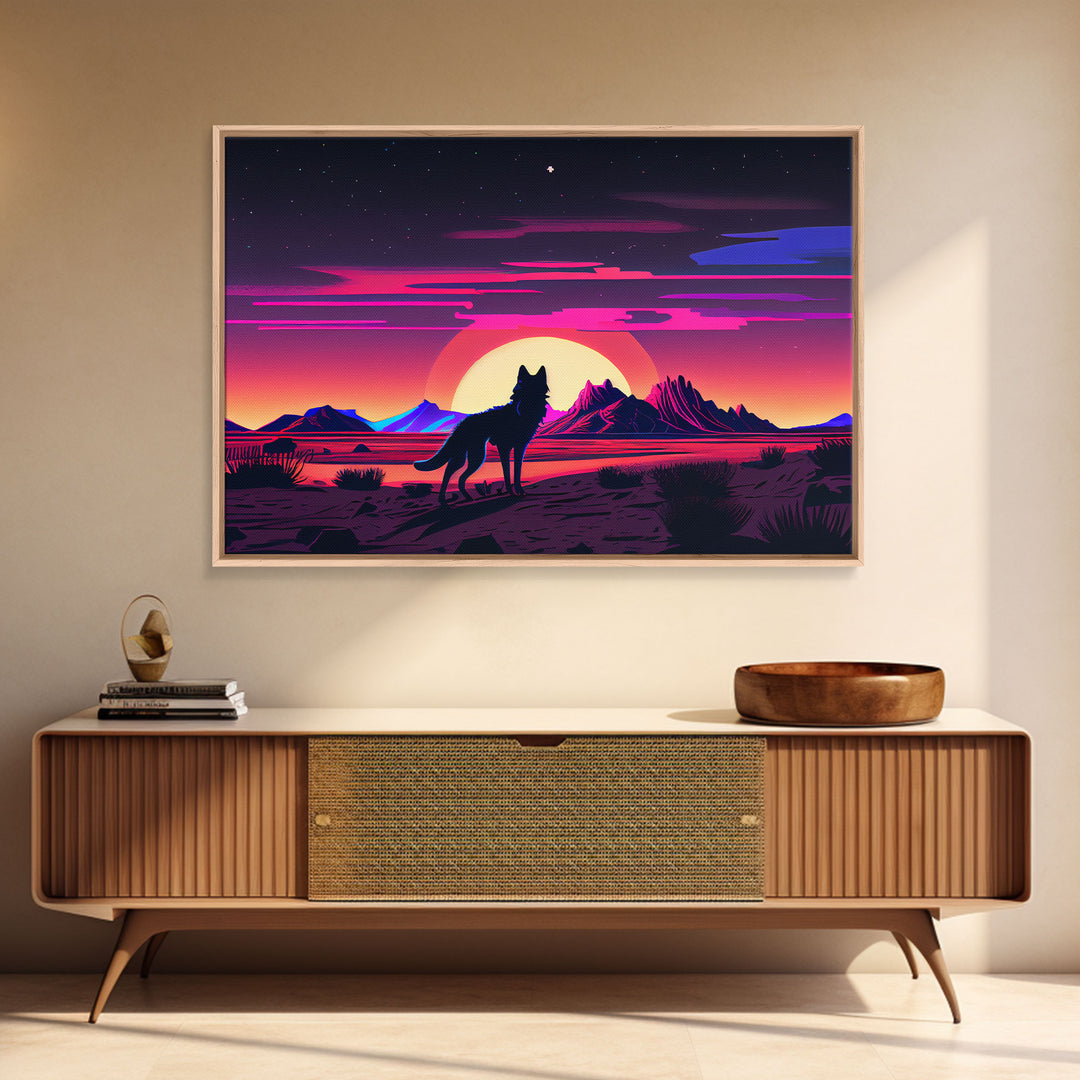 Cute fox in a Utah desert landscape, framed canvas print, framed wall art, synthwave art