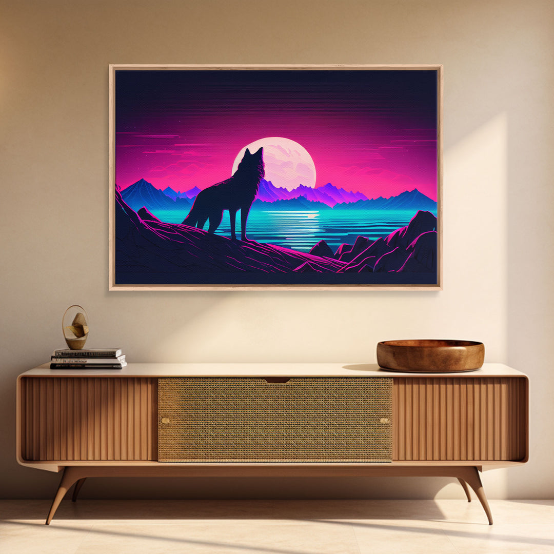 Wolf art, turquoise landscape, framed canvas print, vaporwave aesthetic desert art