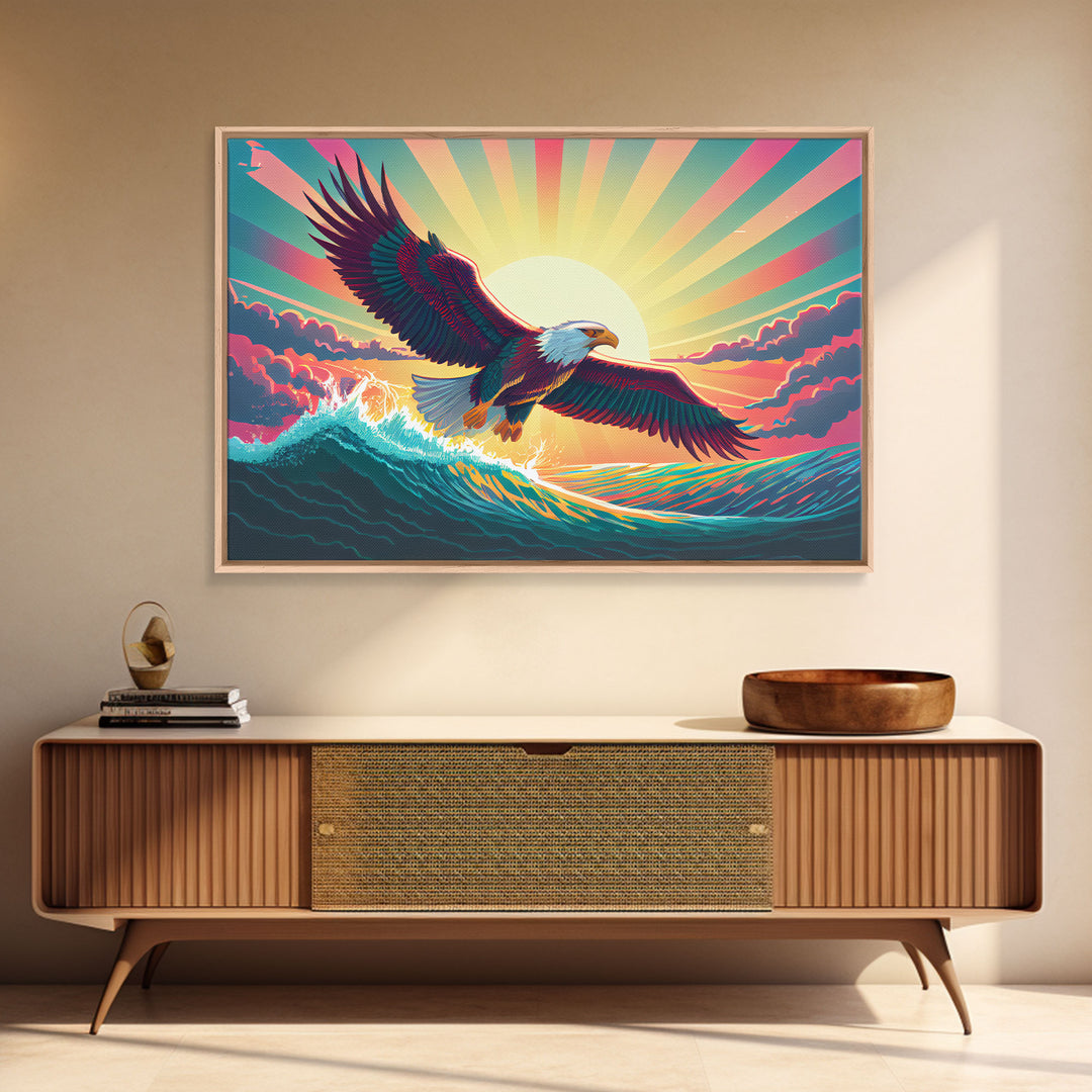 Retrowave bald eagle, pastel sunset, framed canvas print