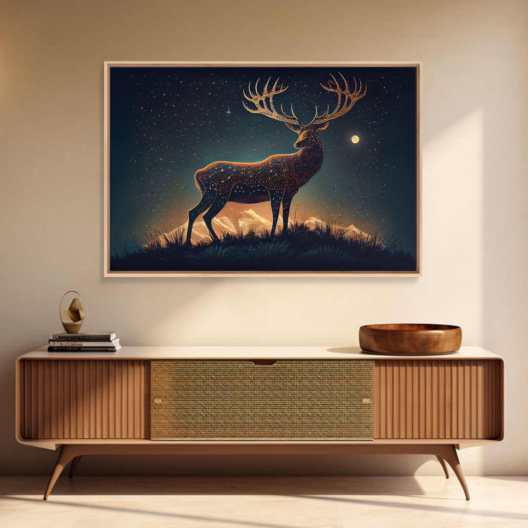 Deer made of stars, reflection stag, framed canvas print, unique wall art