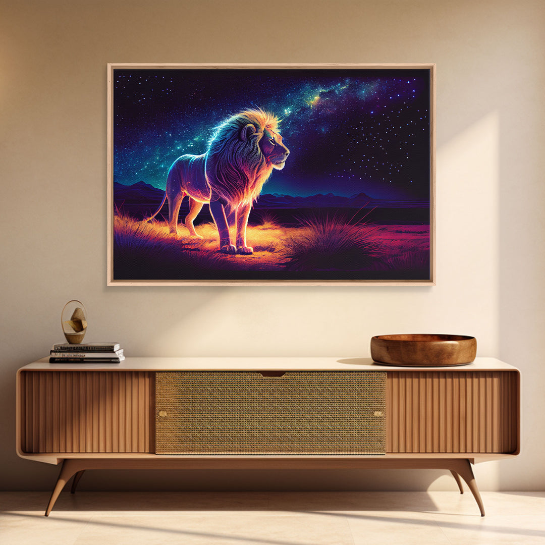 The Lion and the Universe, unique vibrant synthwave wall art, framed canvas print