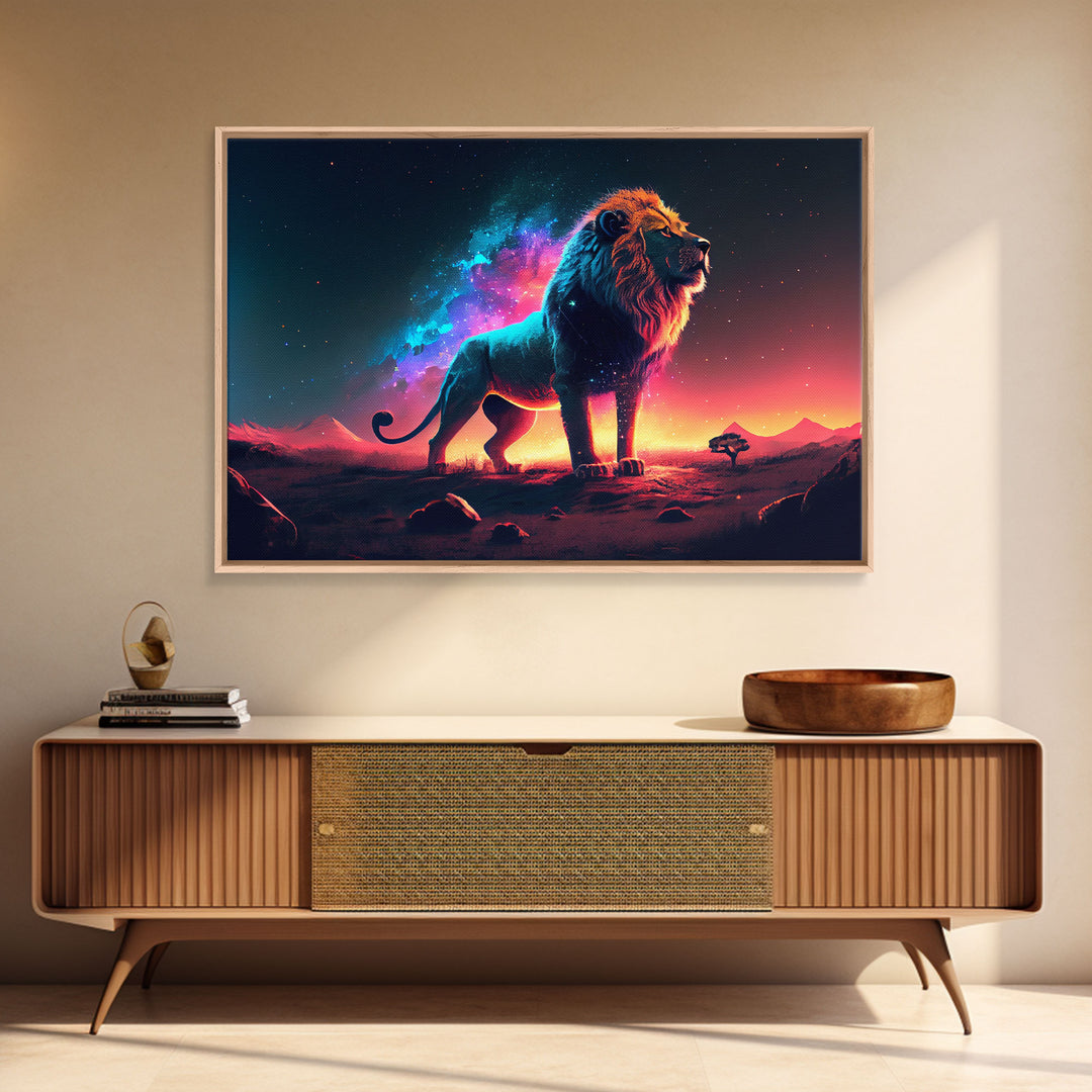 Cosmic roar watercolor, Lion staring at the stars over Africa, framed canvas print, unique vibrant wall art