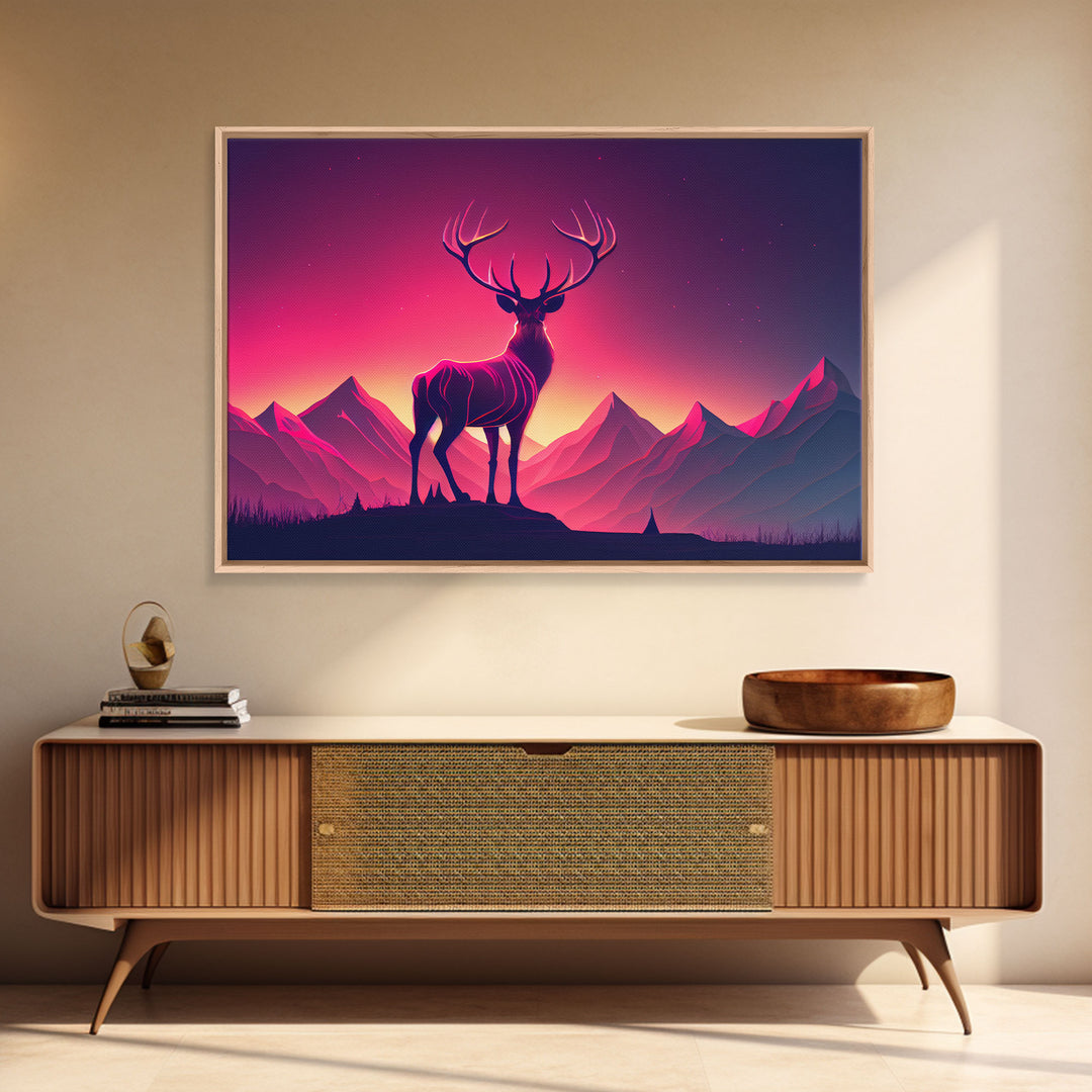 Beautiful stag and sunset, synthwave landscape art, framed canvas print, nature print, pastel and pink art