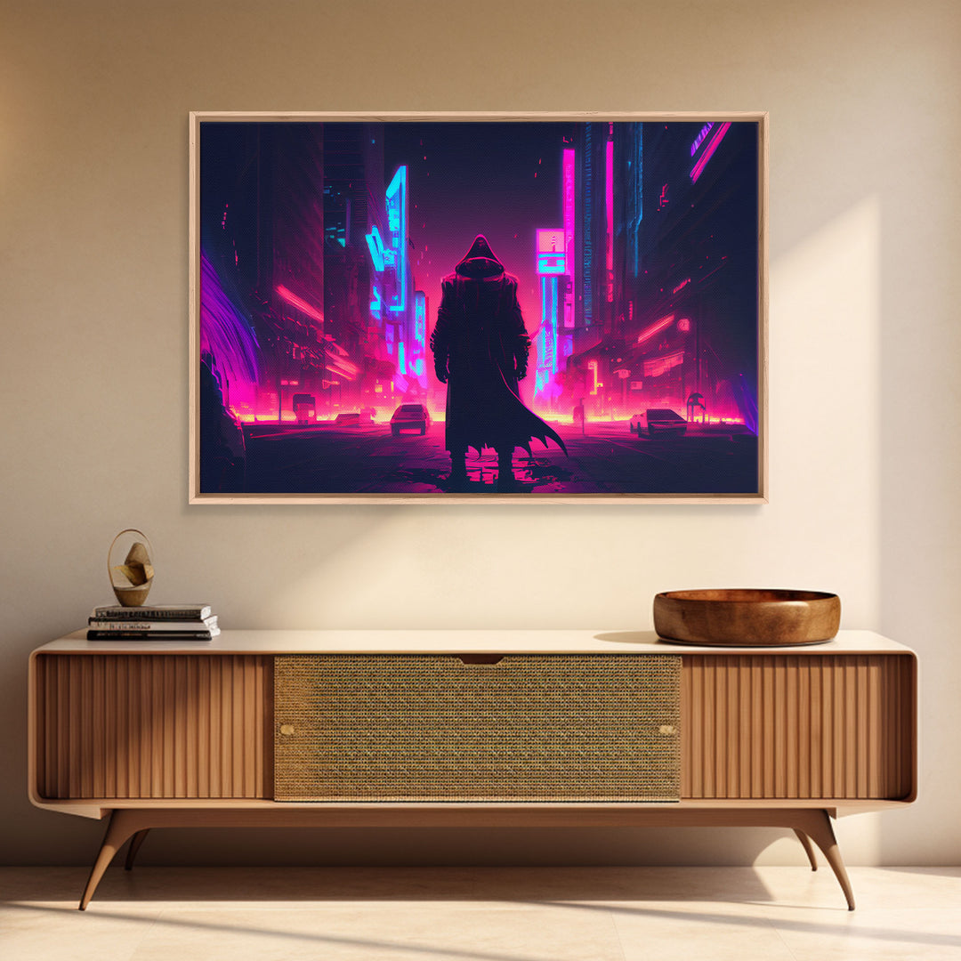 Cyberpunk City, Neon synthwave dystopian art, framed canvas print