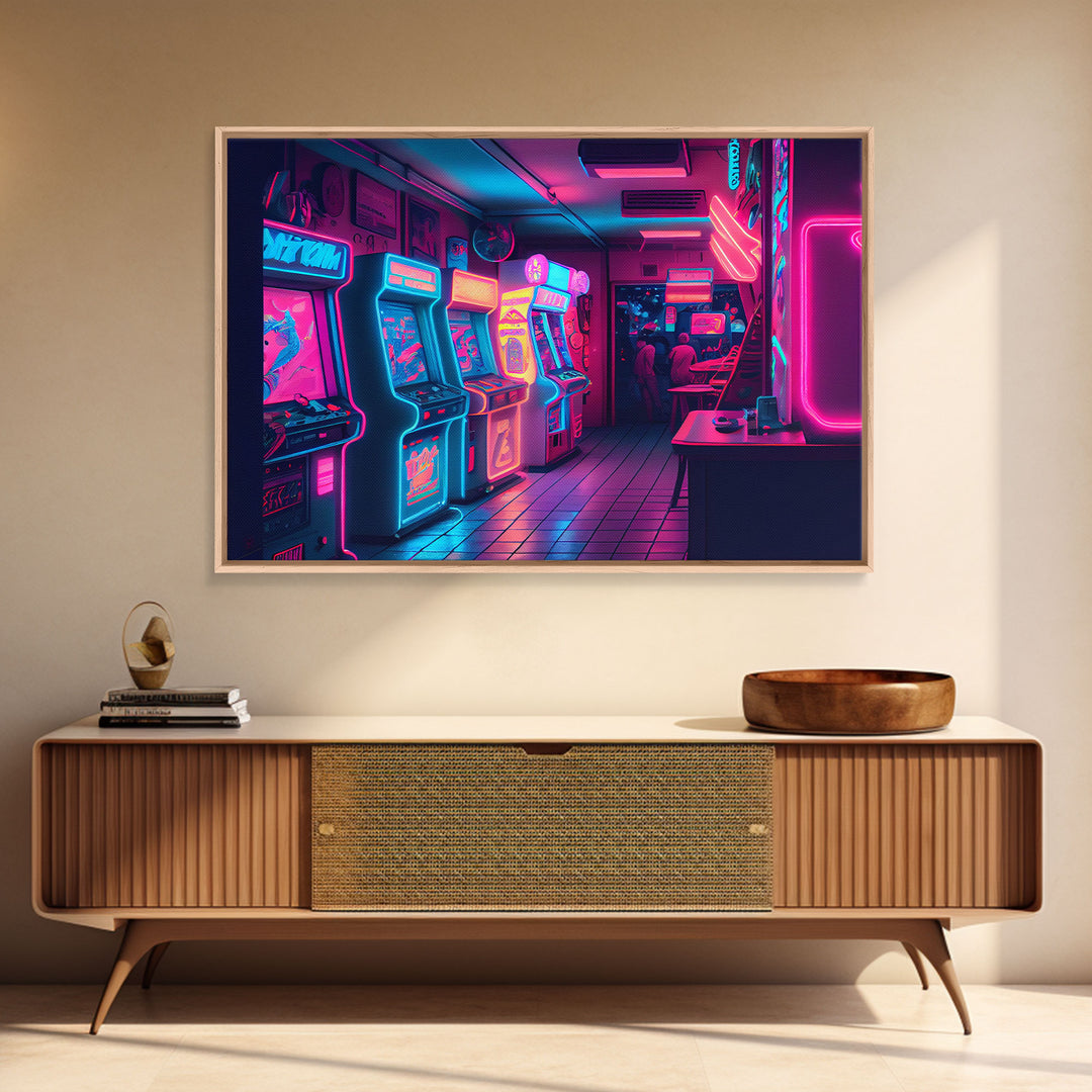 Neon Arcade, unique game room art, Retrowave arcade machine art, framed canvas print, framed wall art | Wall Art