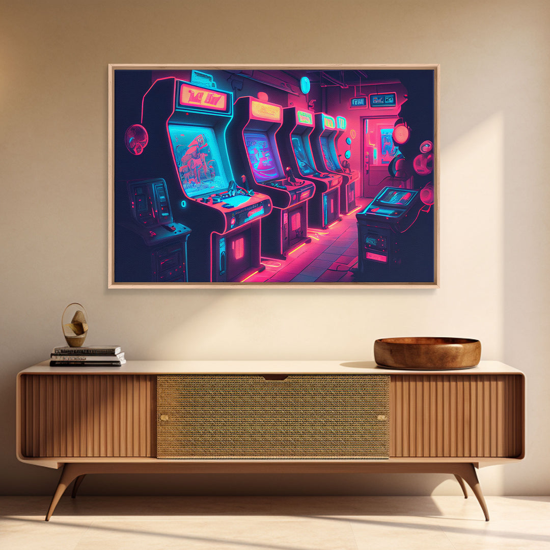 Synthwave Game Room Art, Neon retro 90s arcade room wall art, framed canvas print