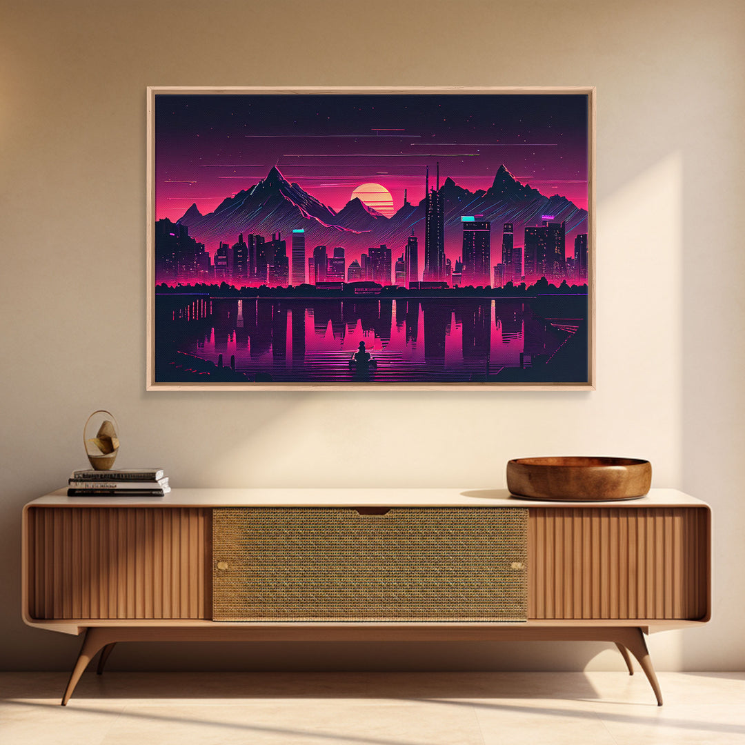 Cyberpunk Vancouver, Futuristic city skyline art, framed canvas print