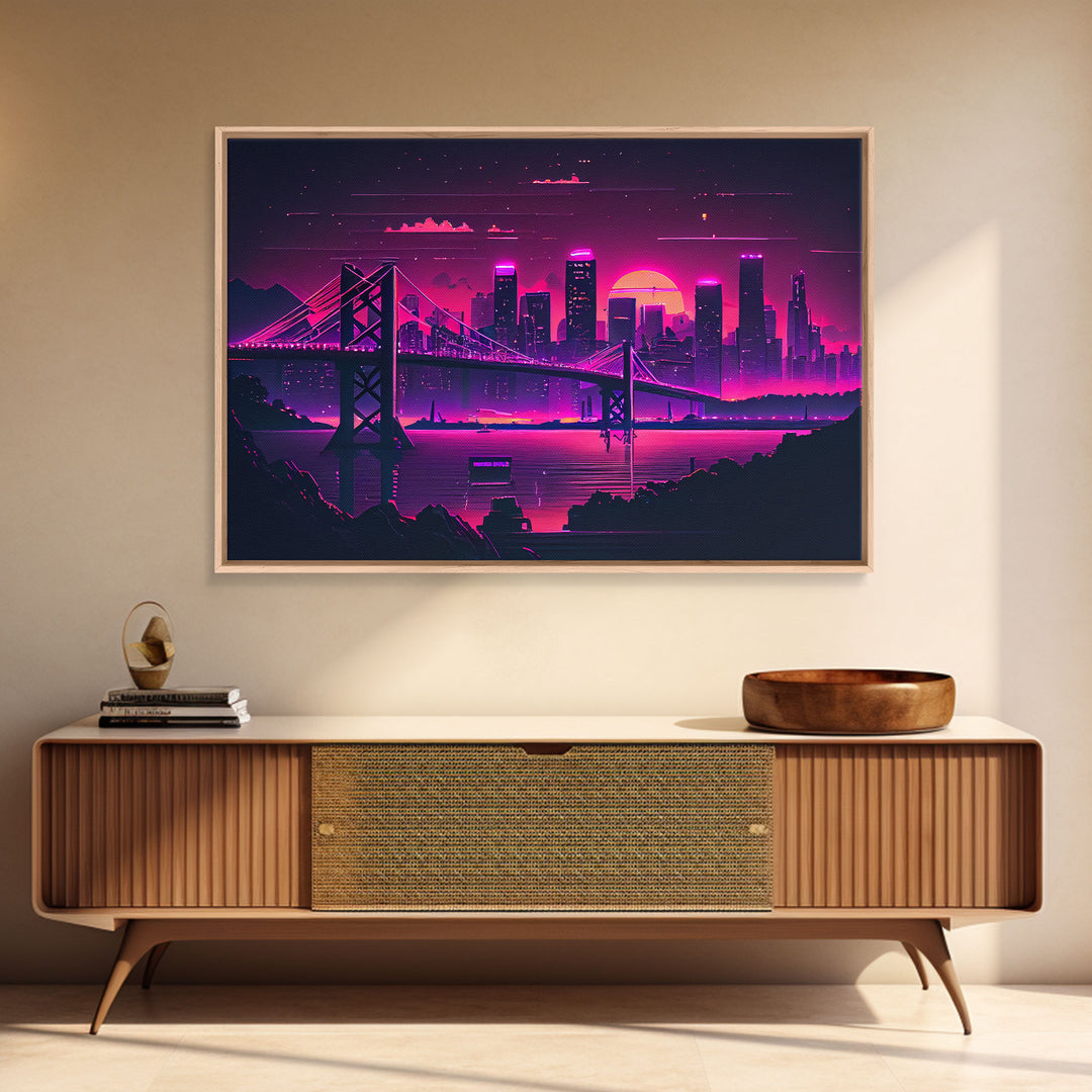 Cyberpunk San Francisco, Futuristic city skyline art, framed canvas print,  Synthwave / vaporwave cityscape decor