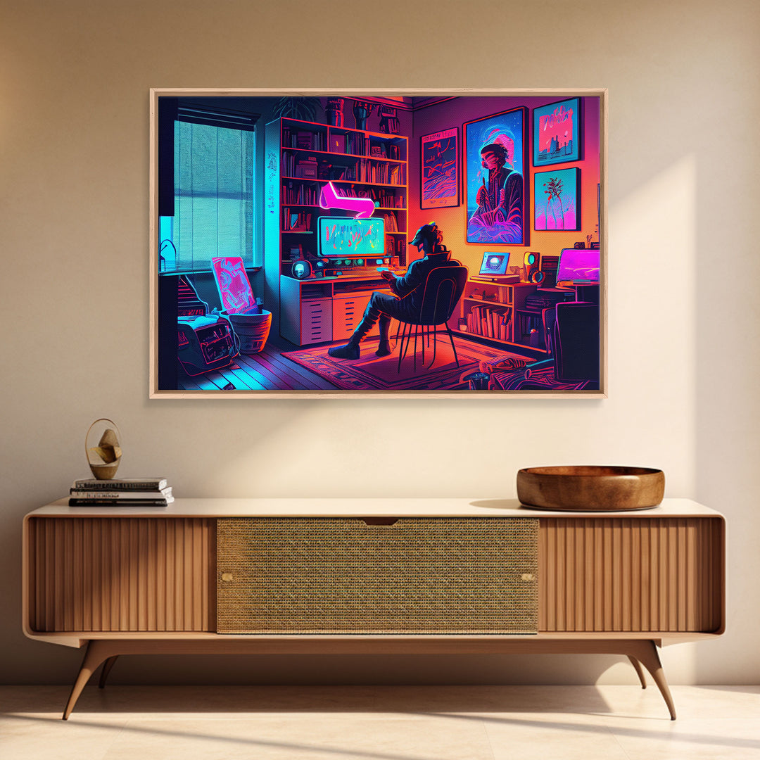 Jacked In - VR headset art, synthwave framed canvas print, cool office art