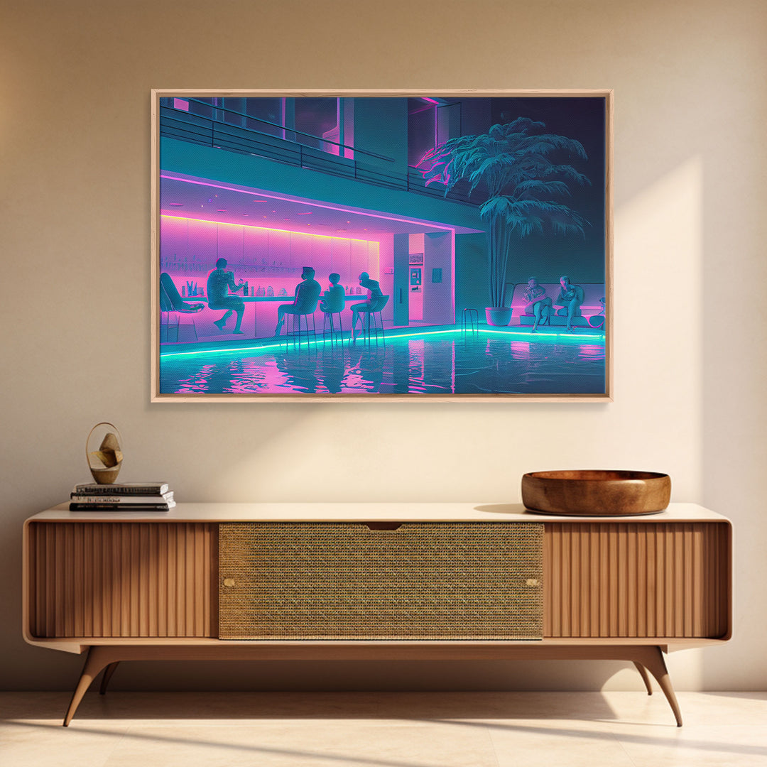 The Lounge - Vaporwave bar decor, framed canvas print, pastel synthwave art, colorful wall decor