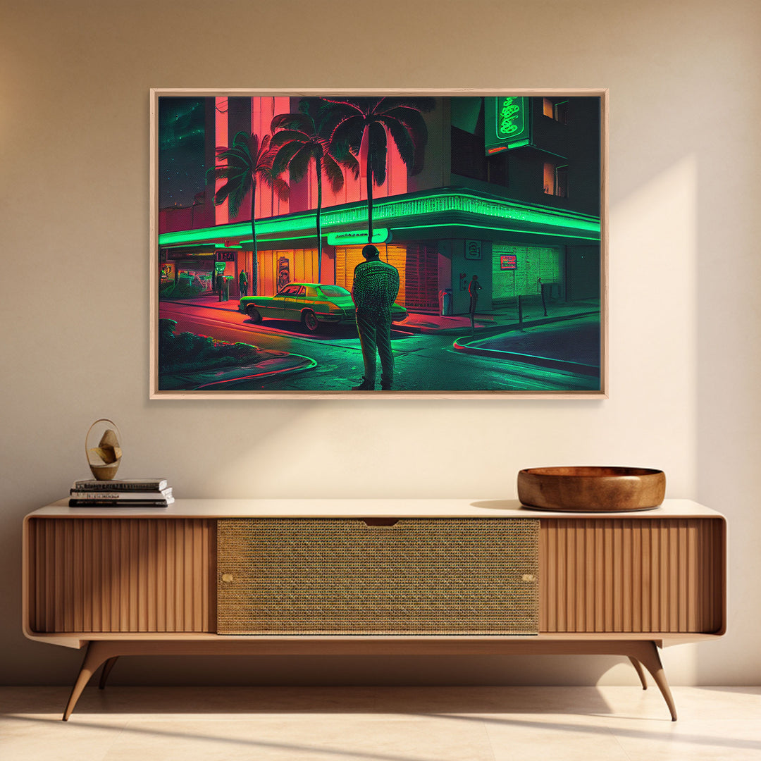 Miami Vice Retro Neon Lights Street Classic Car Wall Art Print, Wall Poster, Fine Art Print, Wall Decor