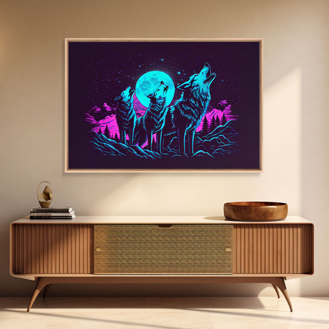 Howl at the moon - turquoise wolf pack howling at the moon, framed canvas print, vaporwave art