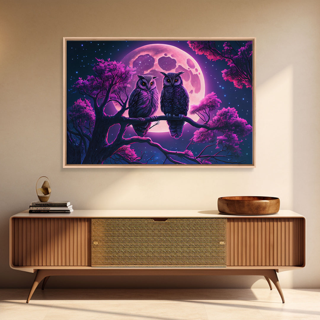 Owls at midnight, full moon and starry night sky, framed canvas print