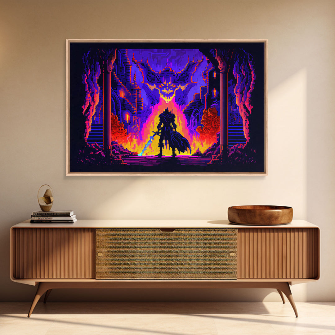 8 bit Pixel art, RPG video game concept art, Paladin faces the Dragon, synthwave style, framed canvas print