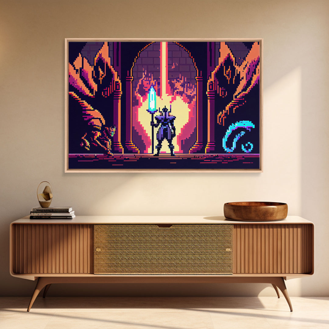 RPG pixel art, fantasy pixel art, Paladin Templar Art, synthwave style, framed canvas print, man cave art