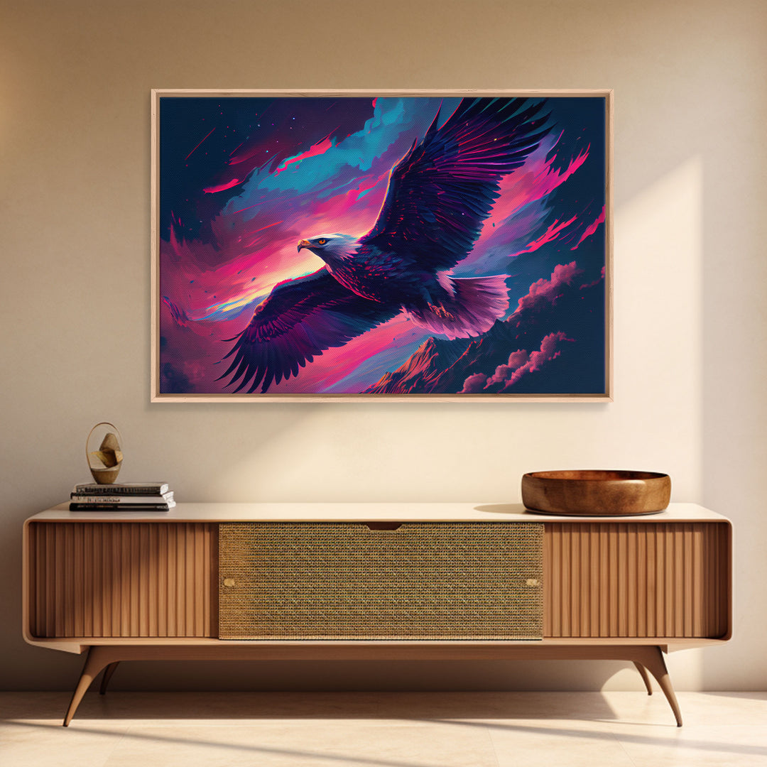 Bald eagle in flight, vaporwave aesthetic art, eagle against a pastel sunset sky, framed canvas art, framed print