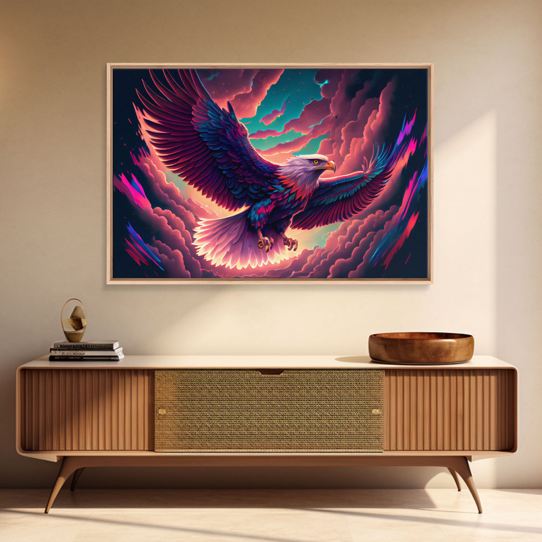 Birds of Prey art, bioluminescent Bald eagle, vaporwave art animal print, framed canvas print, framed canvas print, wall art with frame