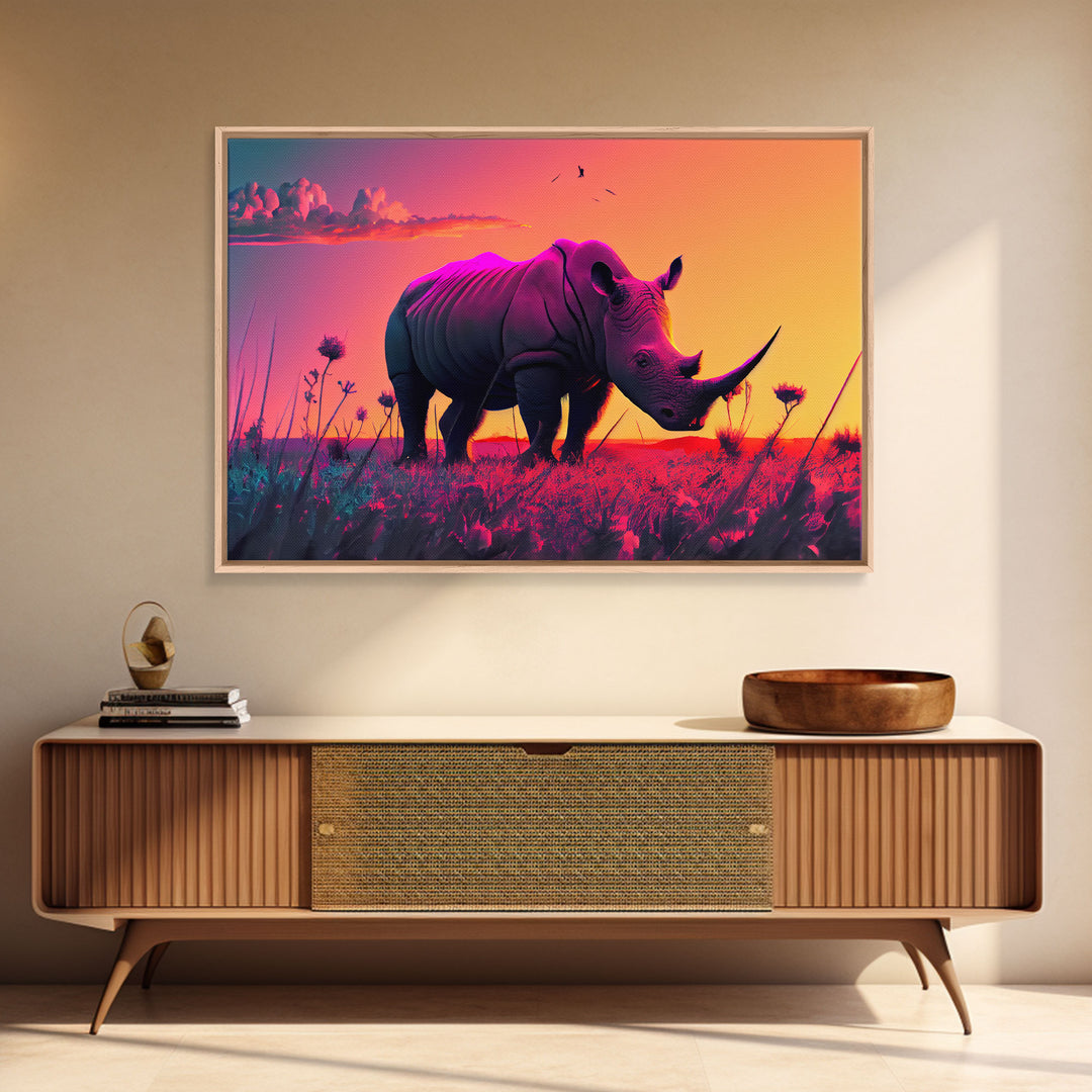 Rhino art, Pastel Rhinoceros at sunset, synthwave aniimal art, framed canvas art