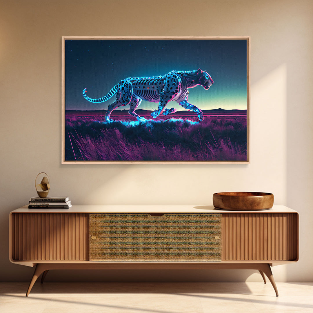 Robot Cheetah, Synthwave cyberpunk art, robot cheetah, framed canvas art, canvas print