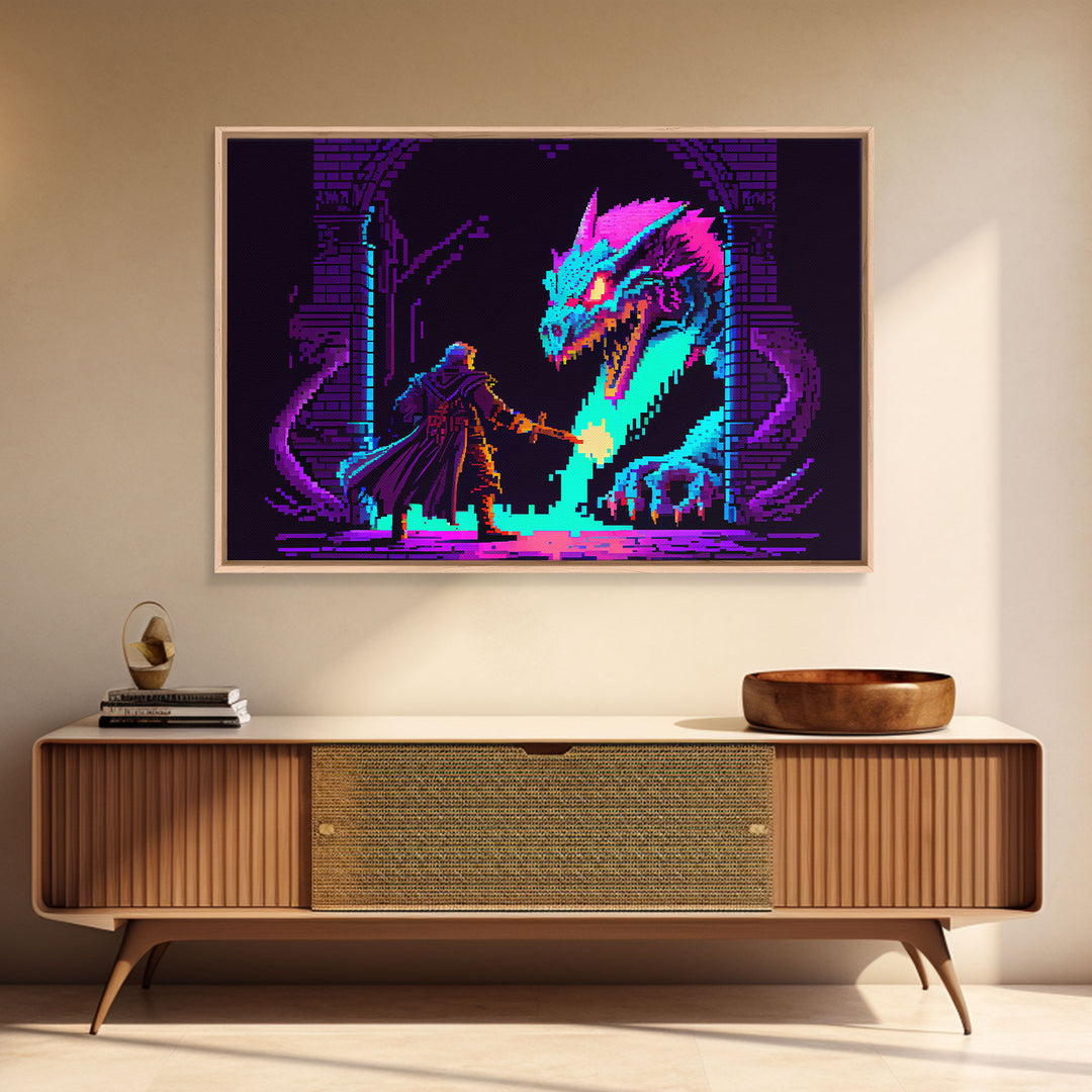 Wizard VS Hydra, RPG pixel art, vaporwave aesthetic video game pixel art, framed canvas print