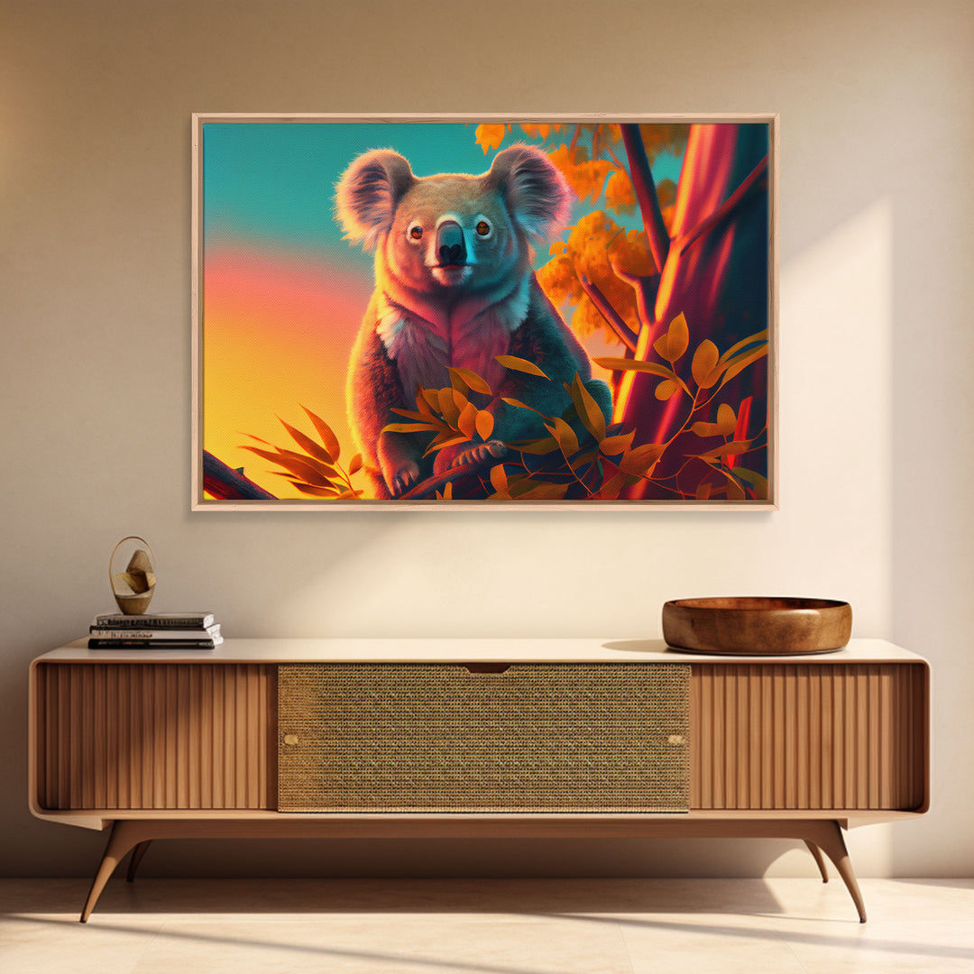 Cute Koala bear at sunset, vaporwave animal art, framed canvas print, framed wall art, ready to hang