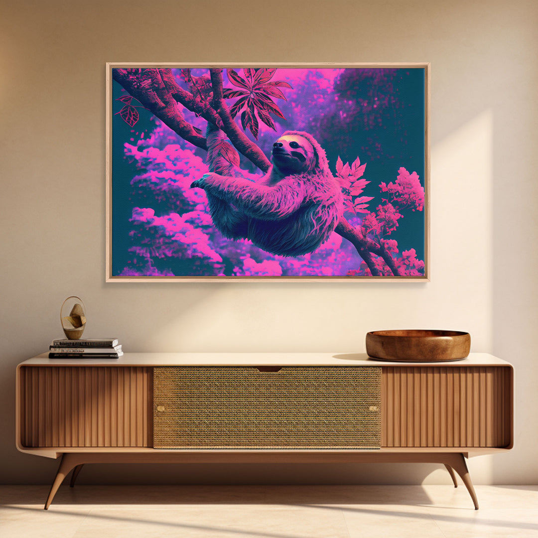 Sloth in a tree, synthwave retrowave animal print, framed canvas art