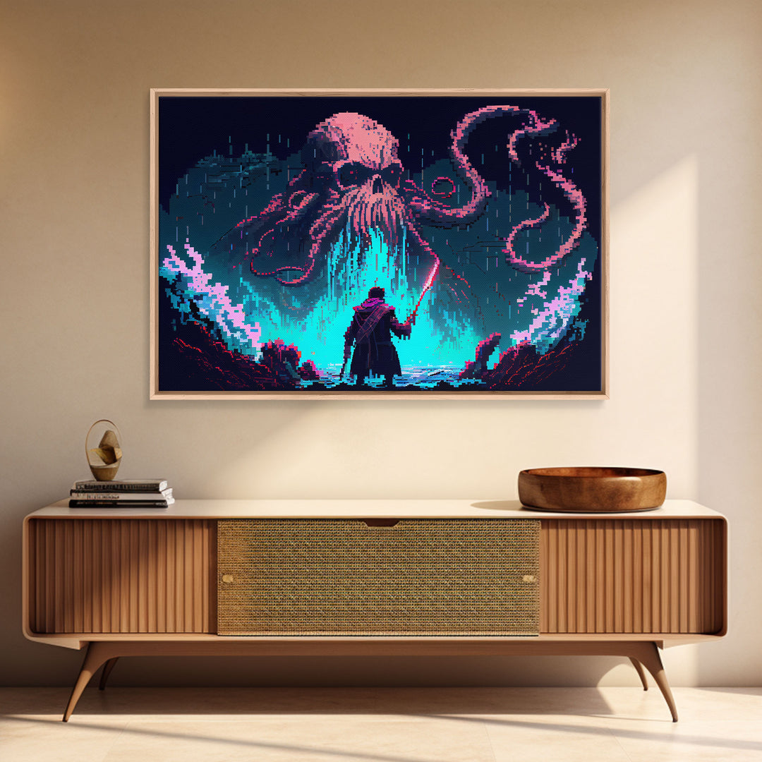 Warrior Vs Cthulhu, RPG concept pixel art, framed canvas print, outrun video game art