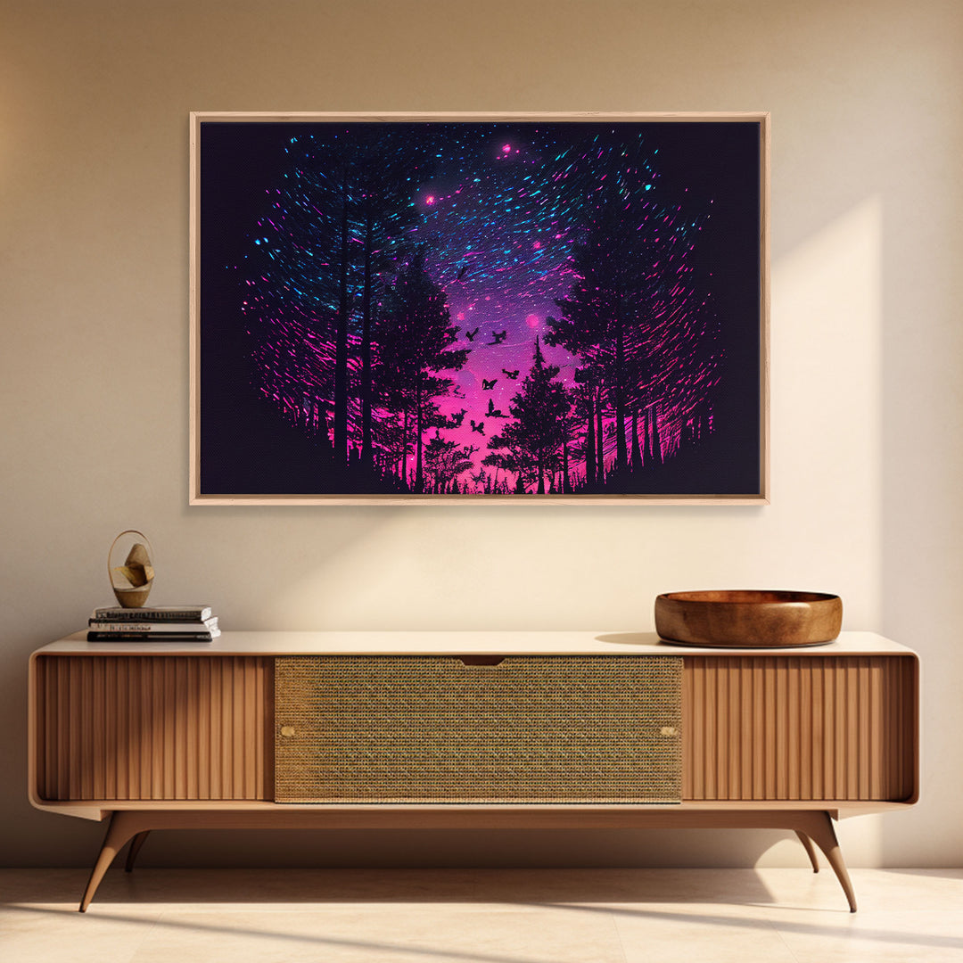 Synthwave Starry Night Time Lapse in a pine tree forest, framed canvas print, timelapse art