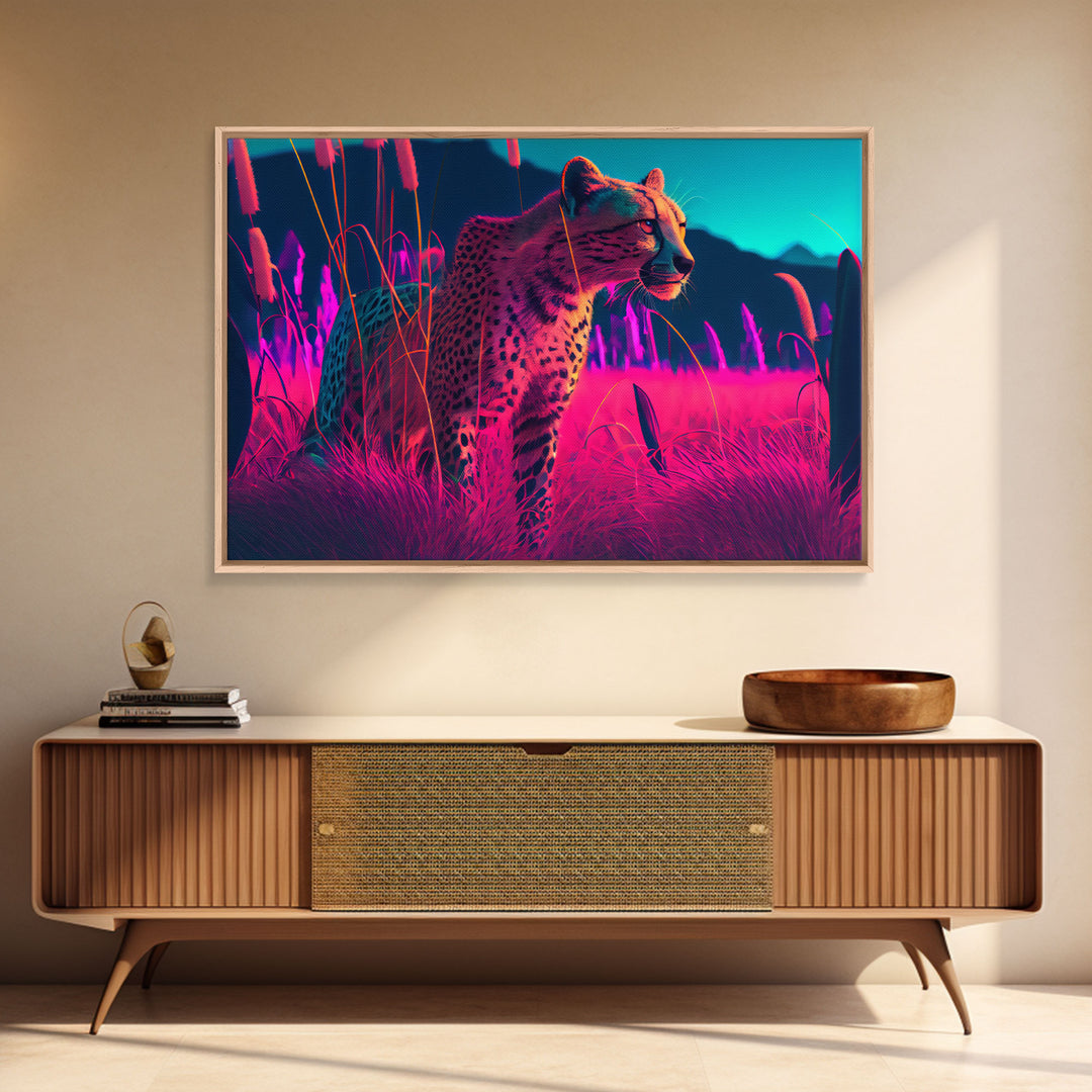 Cheetah on the hunt, vaporwave art, sunset hunter, framed canvas print, framed wall art