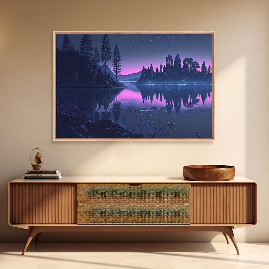 Reflections on the lake at midnight, framed canvas print, vaporwave aesthetic, purple sky