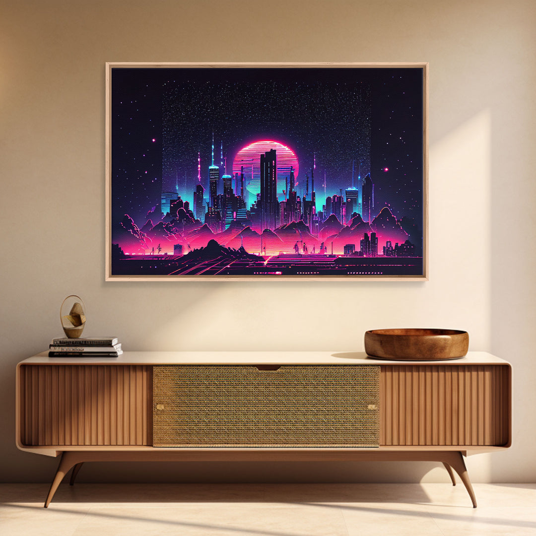 Cyberpunk city skyline superimposed over a sunset, synthwave style dystopian  art, framed canvas print