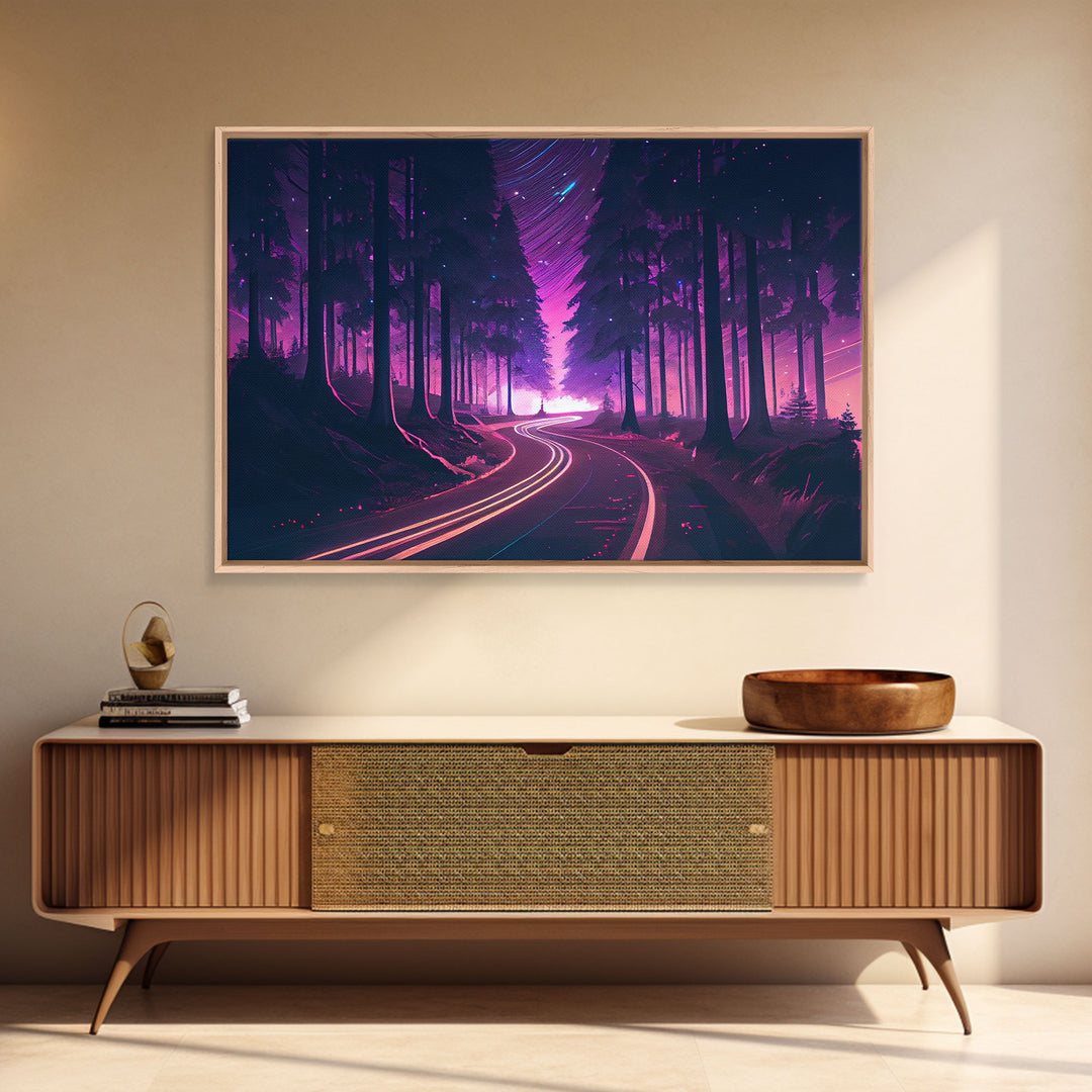 Northern Lights Purple Landscape Trees Road Swirling Stars Fine Art Print, Wall Decor, Wall Poster, Wall Art Print