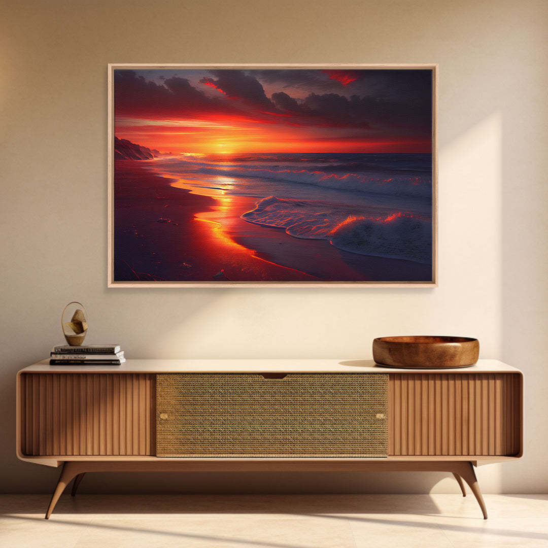 High tide slowly rolling in at sunset, beautiful beach art, framed canvas print