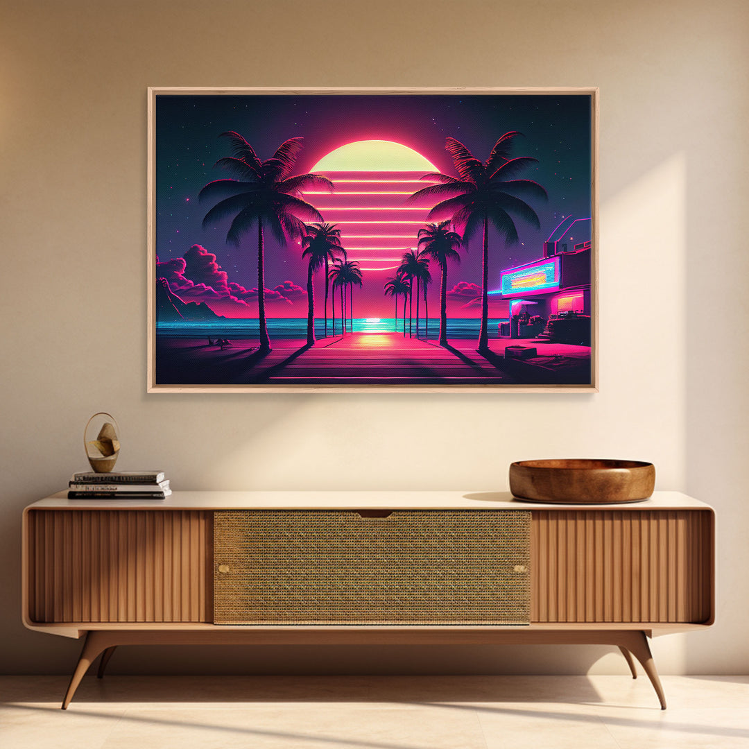 The Neon Boardwalk, Florida Synthwave Sunset, framed canvas print, retro style Miami vibes art